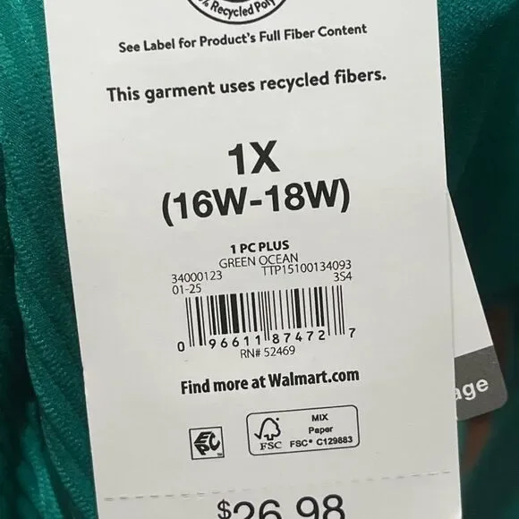 Time And Tru Green Strapless One-Piece Cut Out Ribbed Swimsuit, Size 1X 16W-18W - Picture 8 of 8